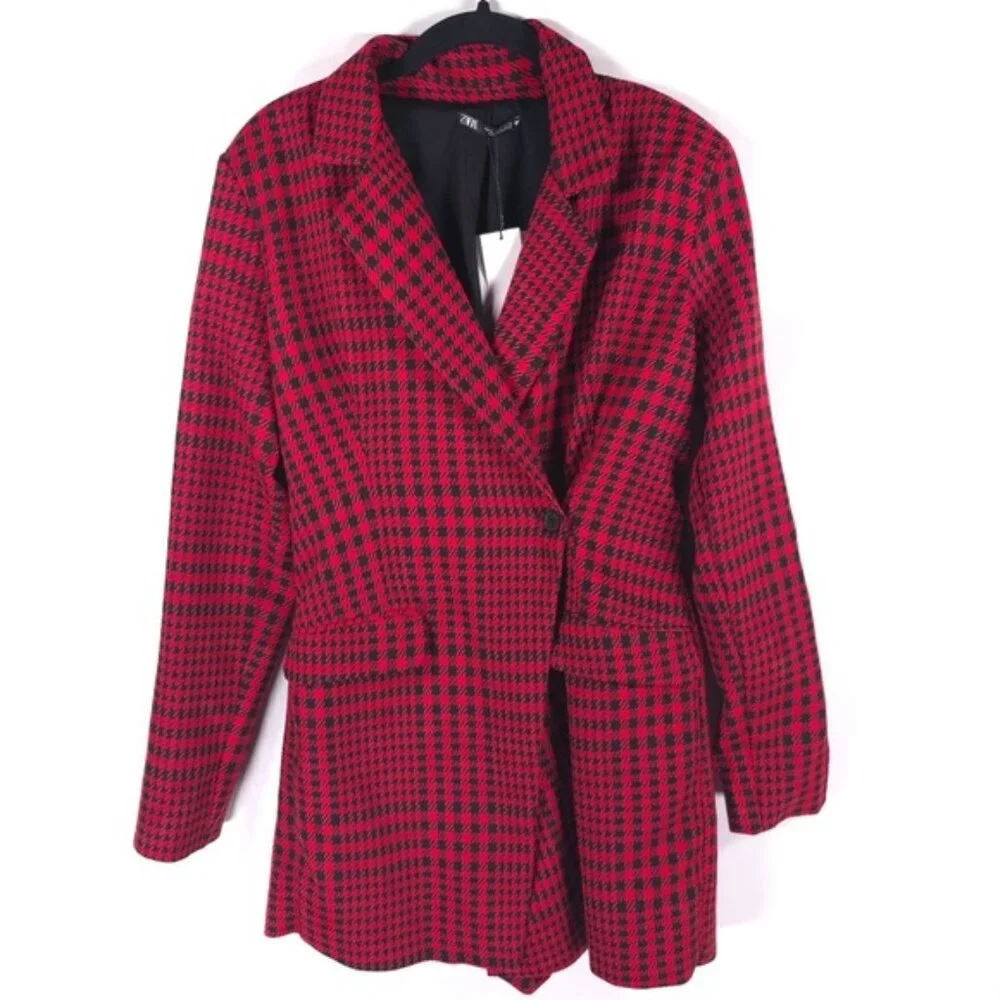 ZARA New ROMANIA MADE Houndstooth‎ Blazer Dress Romper 8342/331 MEDIUM Red Black